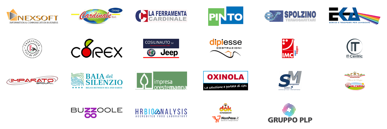 Loghi di 22 aziende che hanno lavorato con Assoefa Lavoro: Nexsoft, Cardinale Group, La Ferramenta Cardinale, Pinto, Spolzino Termosanitari, Eka, Caseificio F.lli Di Lascio, Corex, Cosilinauto, Dipiesse, IMC Cavi, IT Centric, Imparato Group, Baia del Silenzio, Impresa Oreste Manna, Oxinola, System Management, Valcarni, Buzzoole, HR Bioanalysis, Dok supermercati, Gruppo PLP